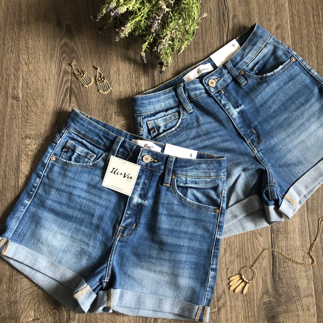 Cuffed High Waisted Denim Shorts