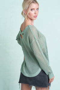 Open Knit Cross Back Sweater - Sage