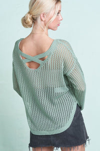 Open Knit Cross Back Sweater - Sage