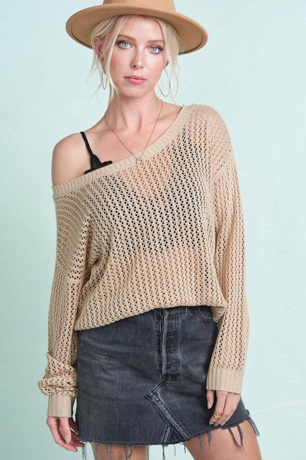 Open Knit Cross Back Sweater - Tan