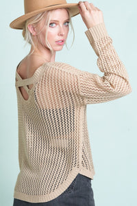 Open Knit Cross Back Sweater - Tan