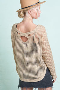 Open Knit Cross Back Sweater - Tan