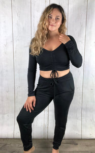 Scrunch Top Jogger Set - Black